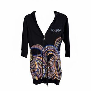 COOGI Rare Y2K Black Hoodie with Multicolor Wave Design Size S Streetwear